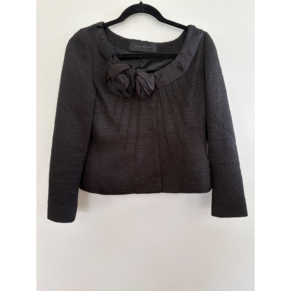 Elie Tahari Black Textured Evening Jacket Floral Rosette Satin Trim Blazer‎